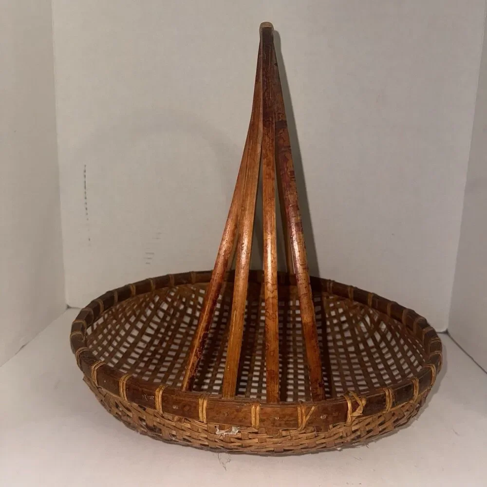 Vintage Handwoven Reed Appalachian Basket Open Lattice Weave Double Handle 16”